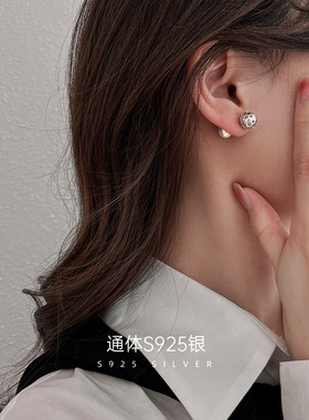 S925银施家同款正圆珍珠耳钉女韩国网红气质镂空雕花耳环螺丝拧扣