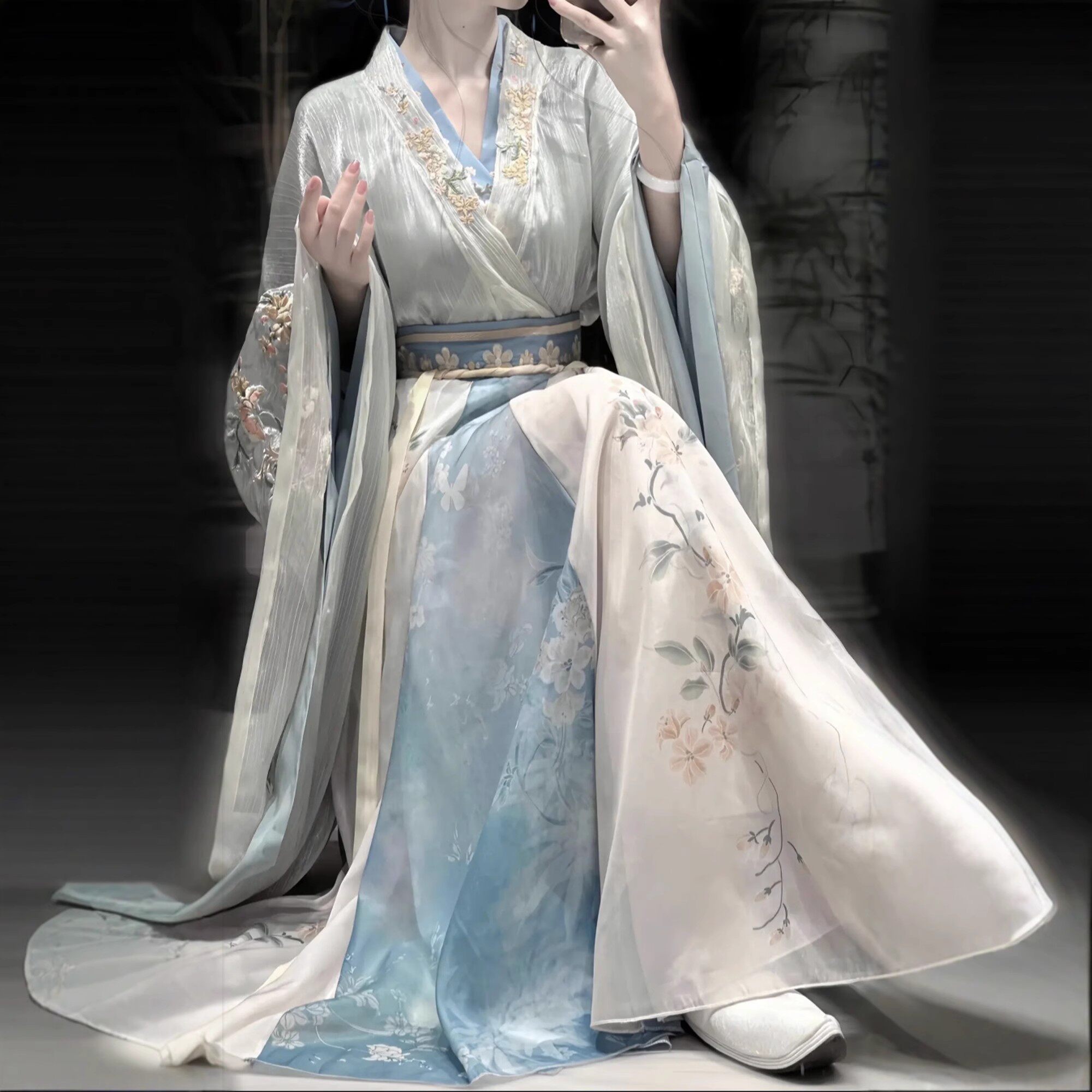 原创汉服女【蓝岚】魏晋风南北朝大袖襦交领齐腰破裙古风蓝色套装