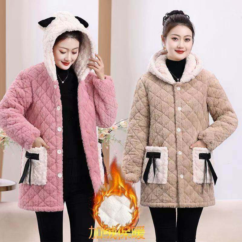 冬季女士新款三层加厚加绒棉衣中长款居家服棉服外穿防寒保暖外套