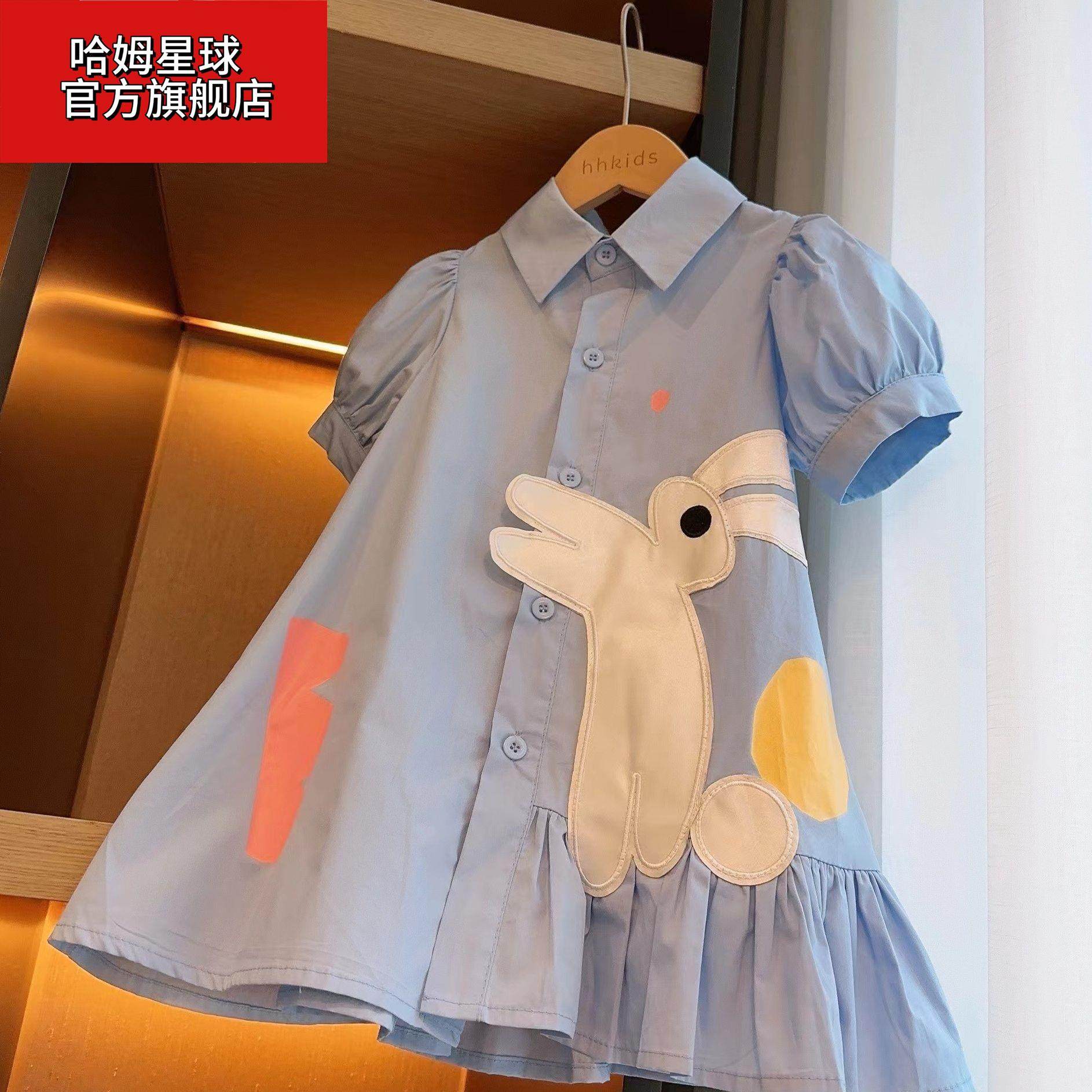 2024夏季新款韩版女童洋气泡泡袖纯棉衬衫裙宝宝卡通兔子公主裙子