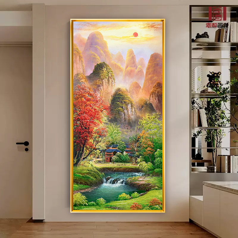 现代中式山水风景十字绣竖版玄关入户满绣自己线绣刺绣自己绣挂画