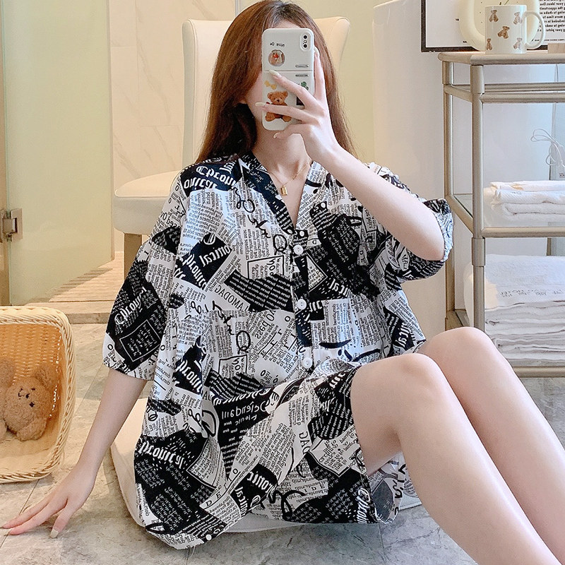 睡衣女士夏天薄款短袖短裤棉绸家居服韩版胖mm可外穿绵绸两件套装