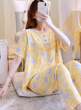 夏季短袖睡衣家居服女薄款套装