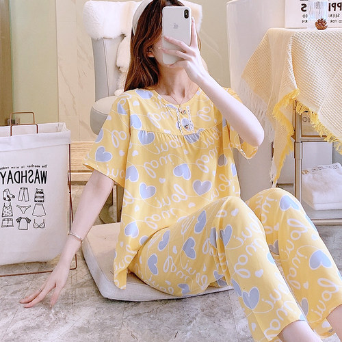 夏季短袖睡衣家居服女薄款套装