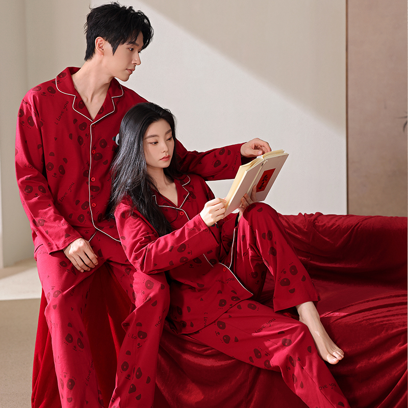 紫色花语情侣纯棉结婚用喜庆睡衣