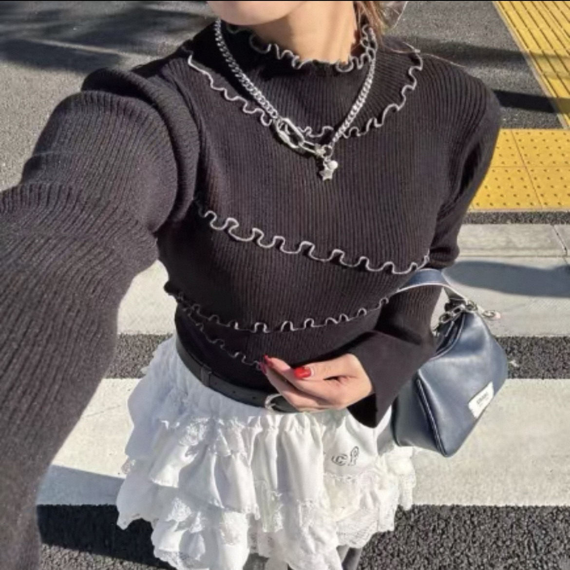 日单弹力少女木耳边拼接半高领套头针织打底衫,女装/女士精品,毛针织衫,淘宝优惠券,粉丝福利购,淘宝优惠卷