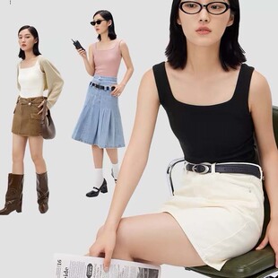 遮副乳方领胸垫背心女春秋外穿内搭针织打底无袖 上衣 短款