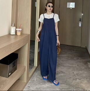 天丝亚麻藏青背带裤女新款夏季薄款显瘦设计感裤子女