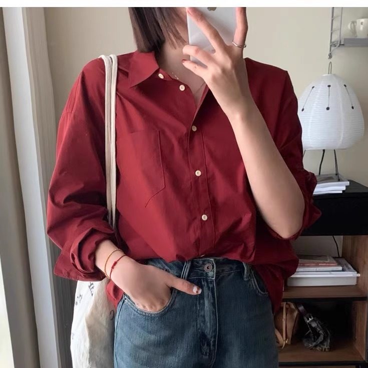 安哥拉红新款新年款女装高支休闲纯棉衬衫女长袖宽松翻领上衣早春