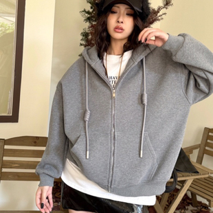 加厚加绒拉链连帽卫衣女秋冬季新款宽松加绒休闲开衫外套