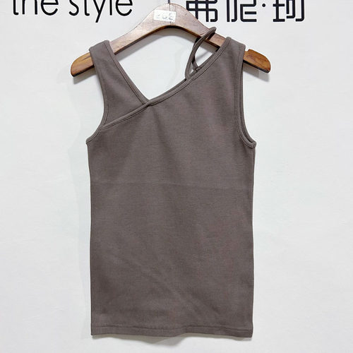 【不退换】日单女无袖背心纯棉弹力设计斜领打底衫针织纯色显瘦