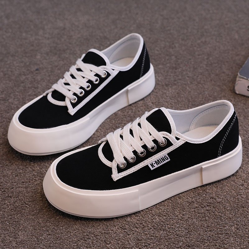 黑色帆布鞋女小白鞋低帮鞋女增高女鞋ins潮百搭鞋子休闲运动板鞋