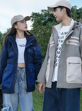 UHMU户外工装情侣冲锋衣2026冬新品撞色拼接多口袋防风防水登山服