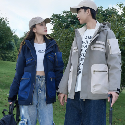 UHMU户外工装情侣冲锋衣2025冬新品撞色拼接多口袋防风防水登山服