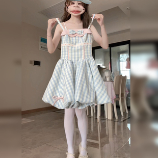 法式 气质甜美花苞短裙 蓝色蝴蝶结格子吊带连衣裙子女夏季 2025新款