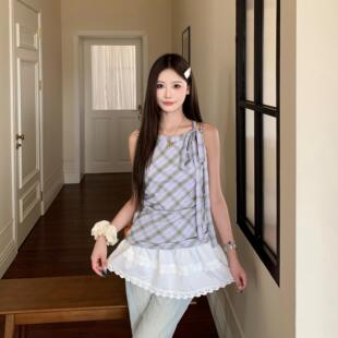 3MER哦哦三妹甜美蕾丝拼接挂颈洋装 别致格纹背心 上衣女夏季 新款