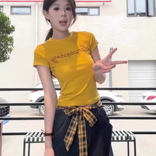 短款 美式 纯棉独特漂亮超好看修身 辣妹黄色正肩短袖 上衣 t恤女夏季