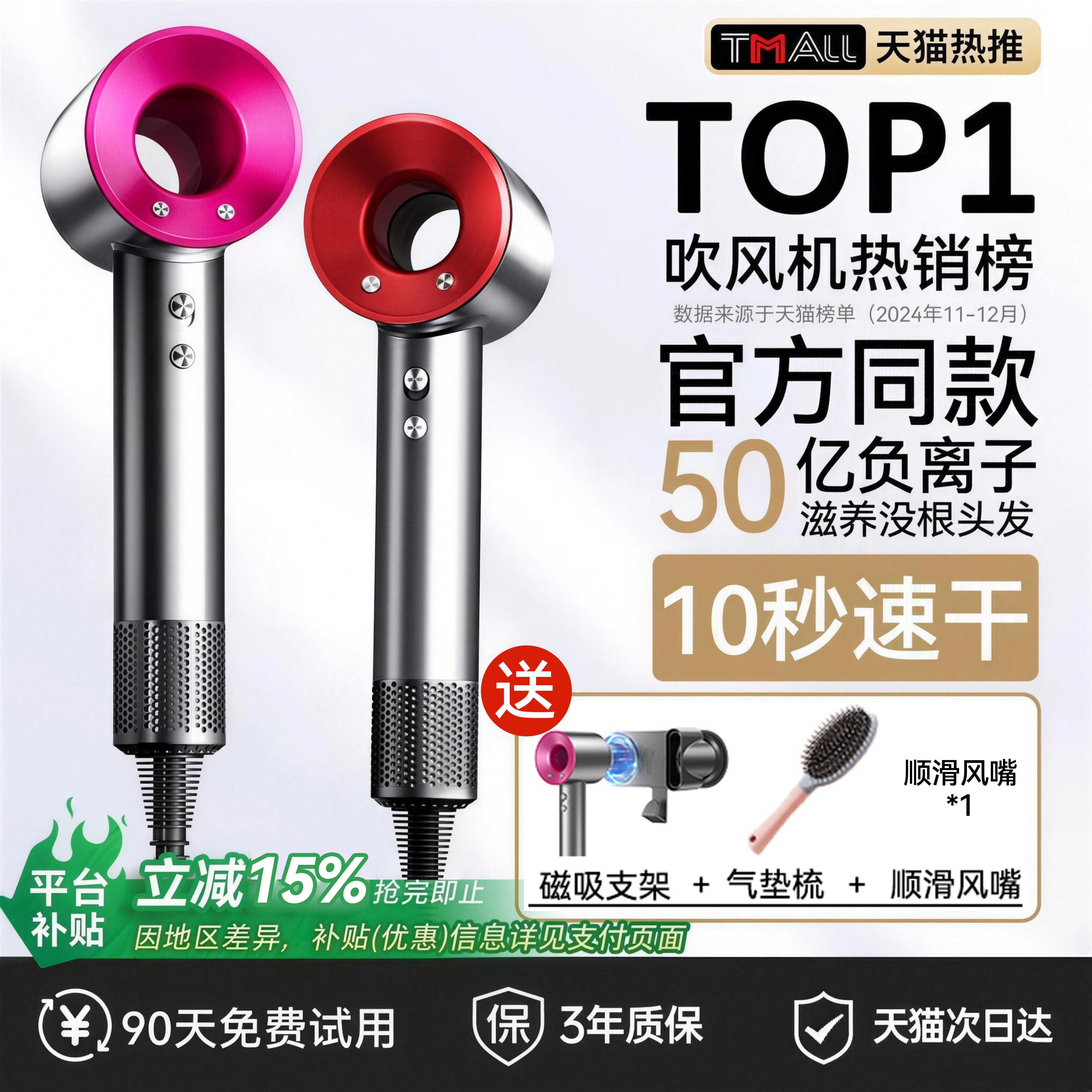 电吹风机负离子护发静音速干家用高速大风力强力理发店宿舍用风筒