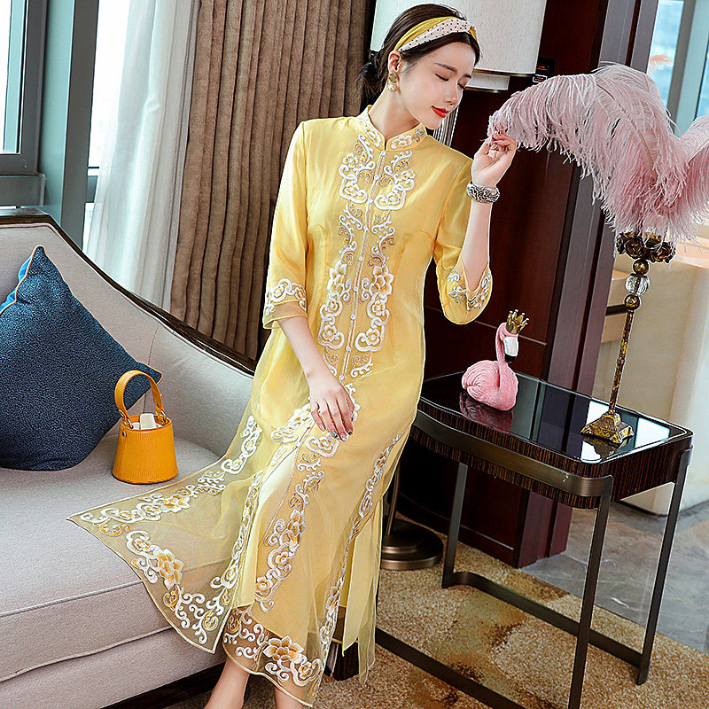 中国风改良旗袍连衣裙文艺女装森系 复古风中式唐装女修身长款