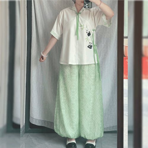 织满庭明制汉服熊猫短袖灯笼裤