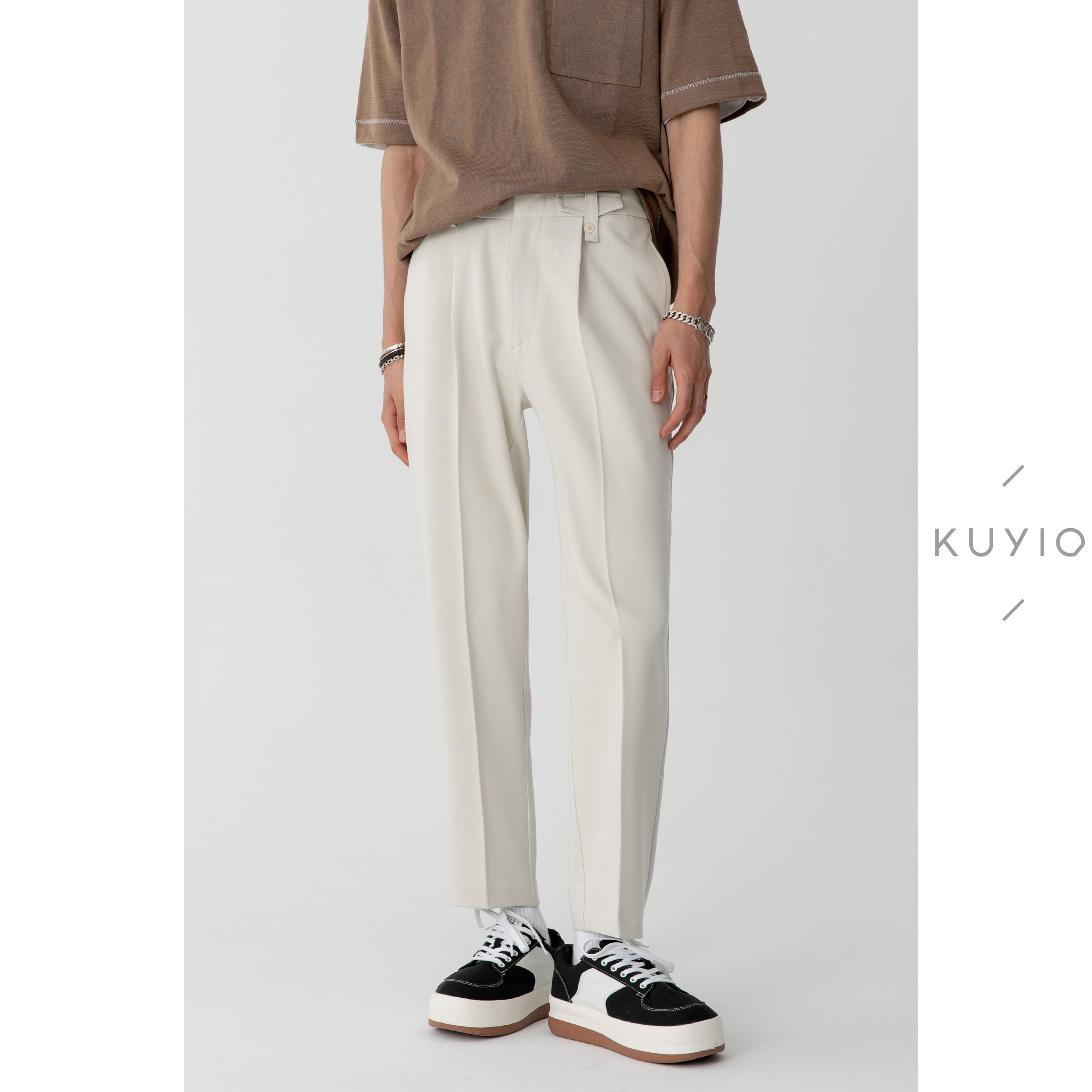 竹炭纤维纽扣袢单褶九分裤