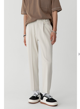 吸湿透气竹炭纤维 /KUYIOU 纽扣袢单褶松紧腰休闲西装九分裤男K53