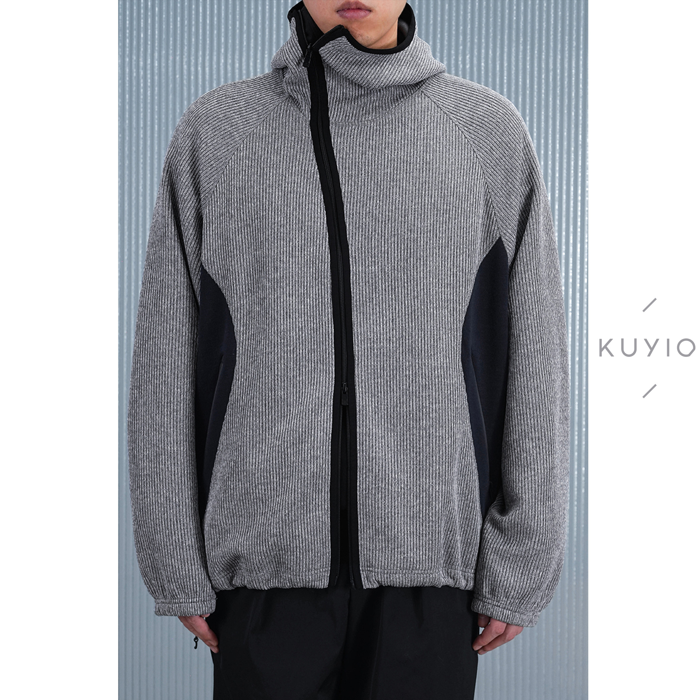 KUYIOU/黑武士阳离子空气层面料 坑条纹斜门襟宽松连帽夹克外套男,男装,夹克,淘宝优惠券,粉丝福利购,淘宝优惠卷