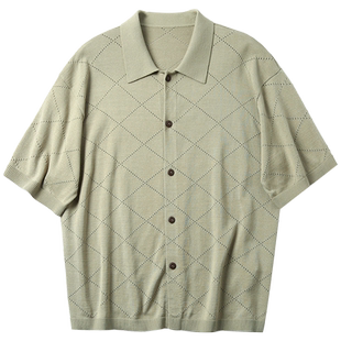 KUYIOU/日系简约 复古菱形格提花横机针织POLO落肩宽松开衫短袖男