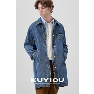 KUYIOU 风衣男 2WAY穿搭门襟织带拉链翻领复古水洗牛仔翻领中长款