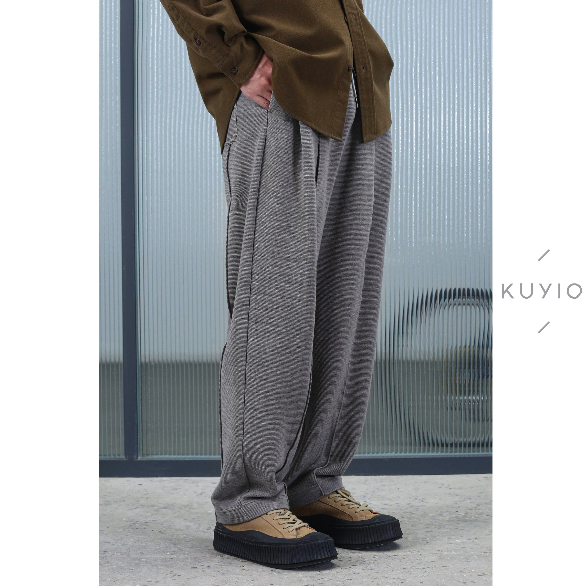 KUYIOU/瓦楞纹肌理面料 10片立裁松紧腰抽绳锥型宽松运动长裤男,男装,休闲裤,淘宝优惠券,粉丝福利购,淘宝优惠卷