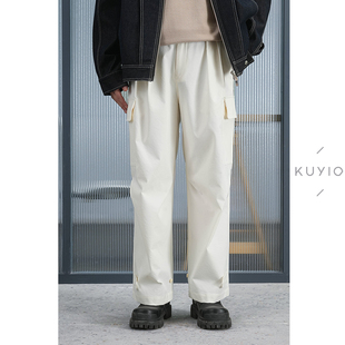KUYIOU 工装 多口袋后松紧腰宽松阔腿直筒长裤 男 日本JIN口面料