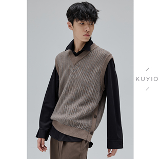 KUYIOU 复古席纹织花V领宽松羊毛针织背心马甲 单边叠穿开叉2WAY