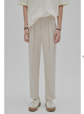 腰部延长袢 KUYIOU/意式双褶后松紧腰垂感休闲西装九分裤男 K66