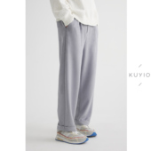 麂皮绒单褶松紧腰宽松抽绳休闲九分西裤 KUYIOU 脚口微锥翻折 男