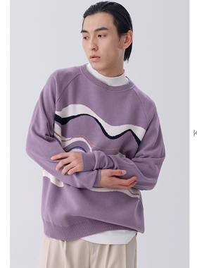 KUYIOU/涌浪纹双面提花 新疆棉插肩袖宽松圆领针织衫卫衣男春 Z37