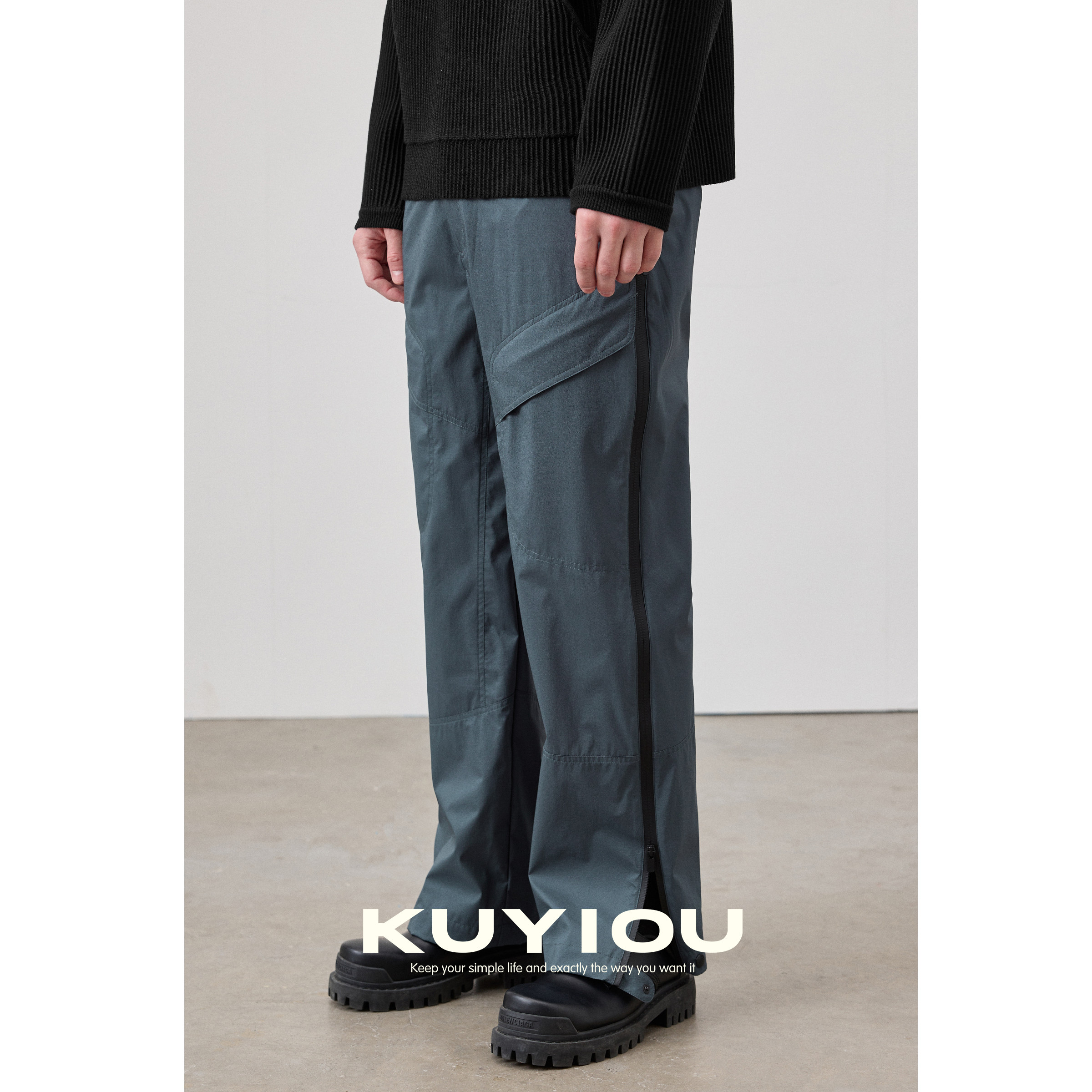 KUYIOU/轻薄防泼水高密尼龙机能风侧边压胶拉链多口袋直筒长裤男,男装,休闲裤,淘宝优惠券,粉丝福利购,淘宝优惠卷