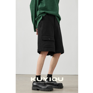 运动短裤 KUYIOU 毛圈面料松紧腰五分中裤 立体戴盖大口袋 男 下沉式