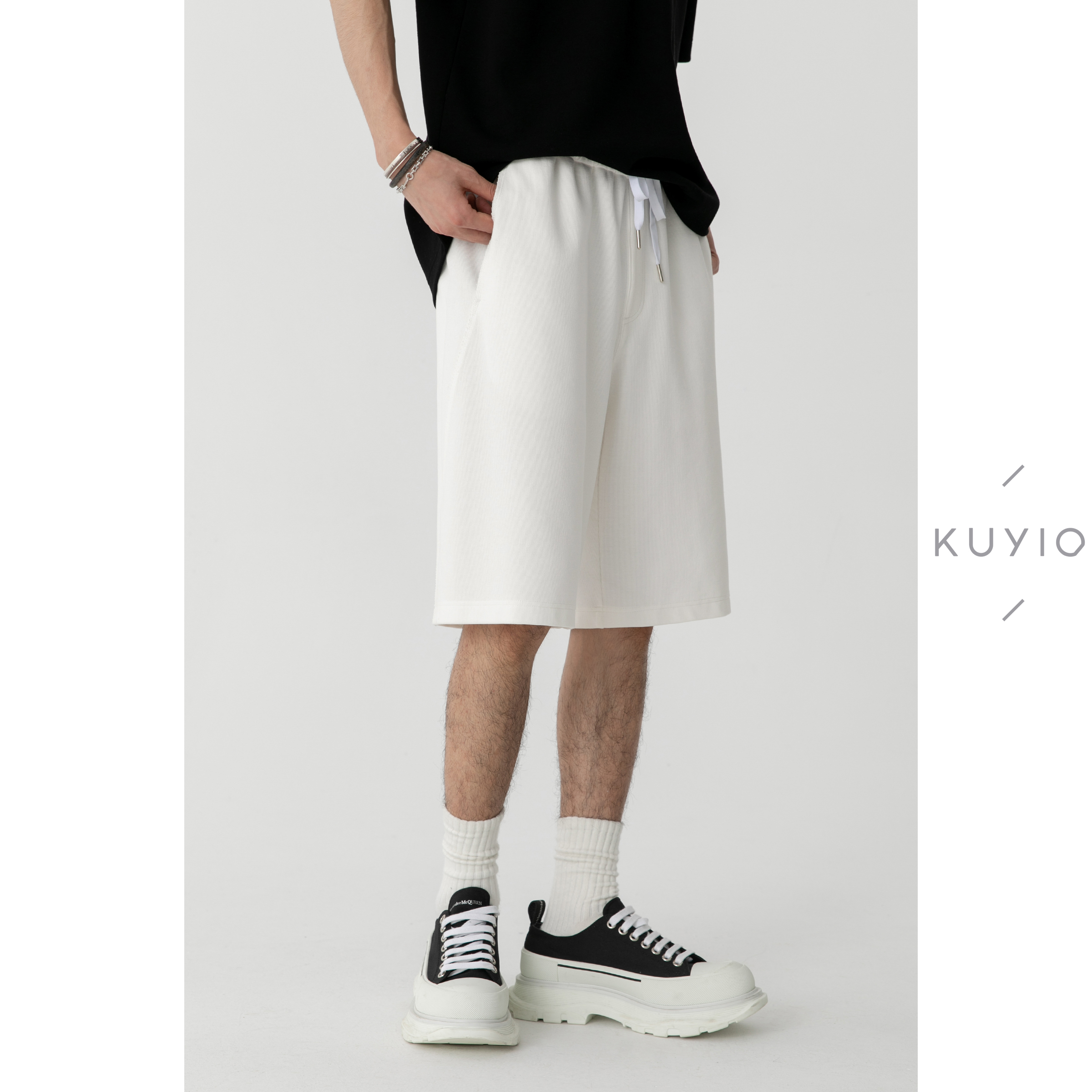 毛边弧形线 KUYIOU/棉质挺廓宽松松紧腰系带运动五分短裤男 K44