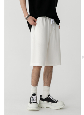 毛边弧形线 KUYIOU/棉质挺廓宽松松紧腰系带运动五分短裤男 K44