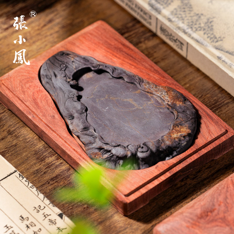 张小凤砚台孤品精品文房四宝毛笔书法国画墨锭墨汁金线蕉叶白青花原石精雕手工精品送礼收藏高档老坑端砚礼盒