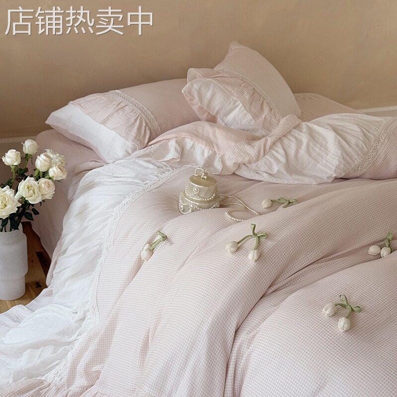 郁金花后 | 法式荷叶边全棉皱皱纱四件套被套纯棉少女床上用品