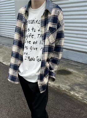 RTIM 十字架蓝色格子牛仔领拼接衬衫 复古欧美OS水洗磨毛衬衣外套