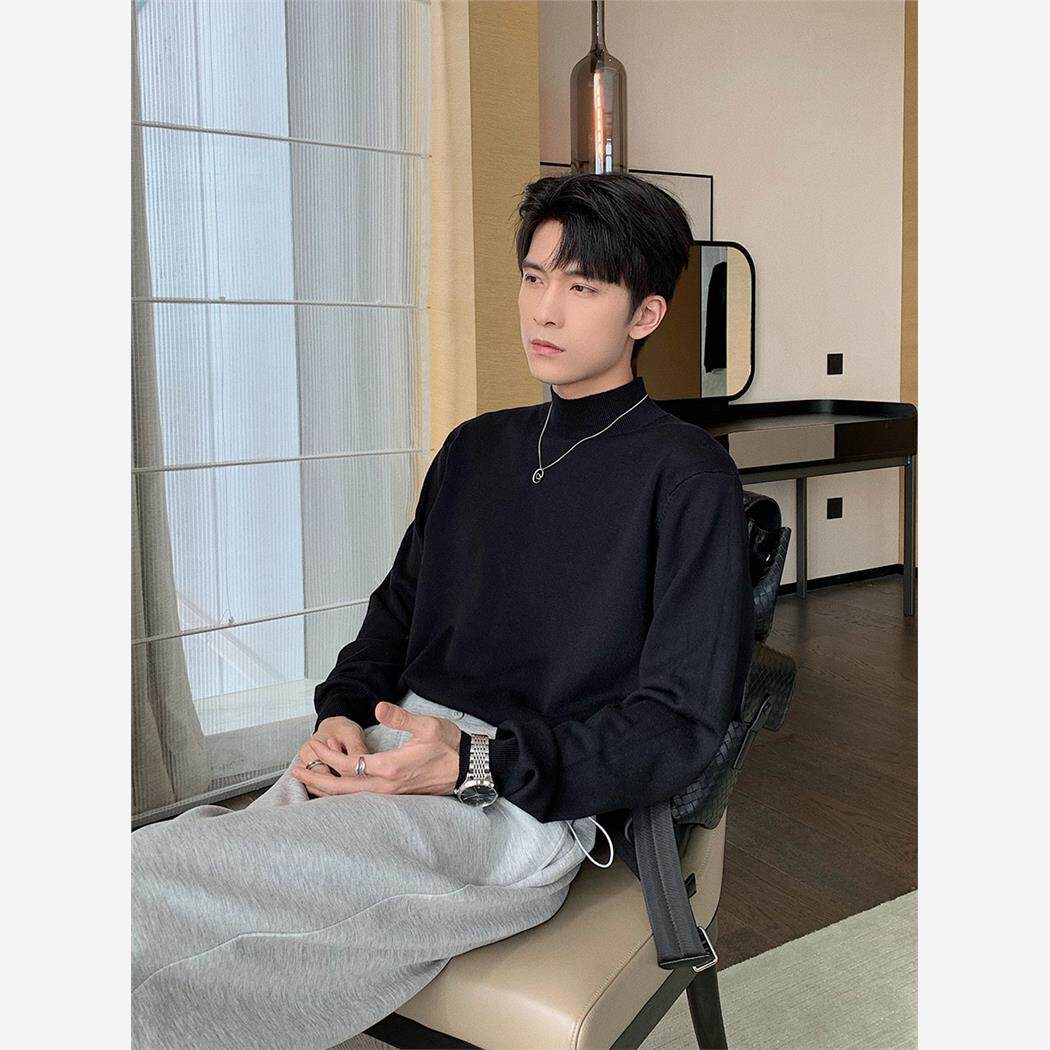 秋冬季ins潮半高领毛衣男黑色宽松内搭打底针织衫雅痞上衣