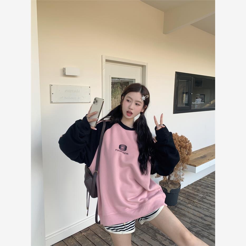秋冬美式复古条纹插肩圆环国潮牌男女情侣圆领秋冬卫衣帽衫