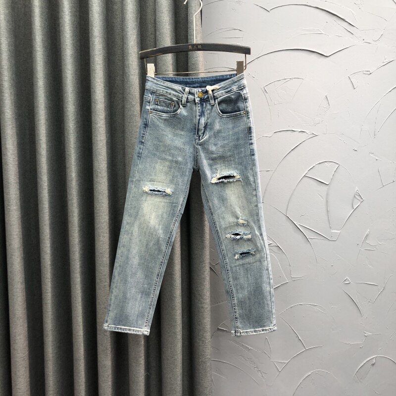 复古高腰贴布破洞直筒牛仔裤女25年春夏时尚洋气九分小个子烟管裤
