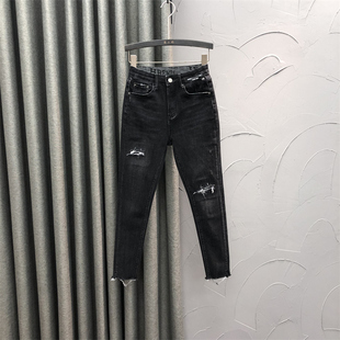 女2025年新款 显瘦弹力九分铅笔裤 秋季 修身 时尚 高腰小脚破洞牛仔裤