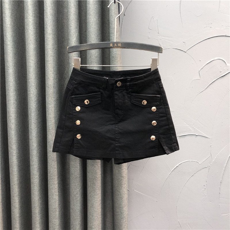高腰双排扣牛仔裤裙女2024年新款秋冬时尚宽松打底A字假两件短裙
