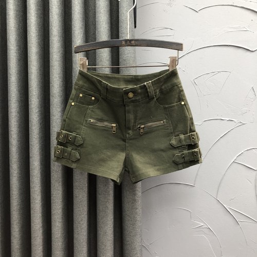 军绿色高腰休闲牛仔短裤女