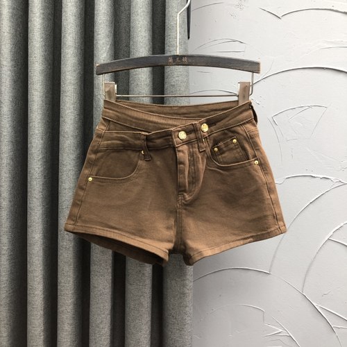 咖啡色高腰牛仔短裤女