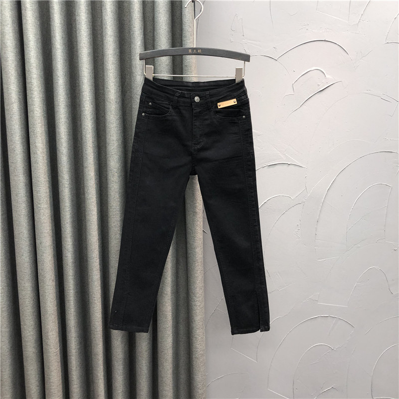 黑色直筒牛仔裤女裤脚开叉2025年春季新款时尚高腰休闲九分烟管裤